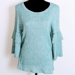 Fantastic Fawn Teal Blue Knit Top Ruffled Sleeves